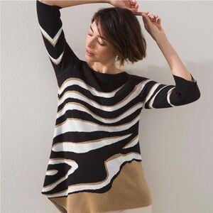 Chico's asymmetrical black & tan ripple sweater. diagonal striped pattern sz1 M